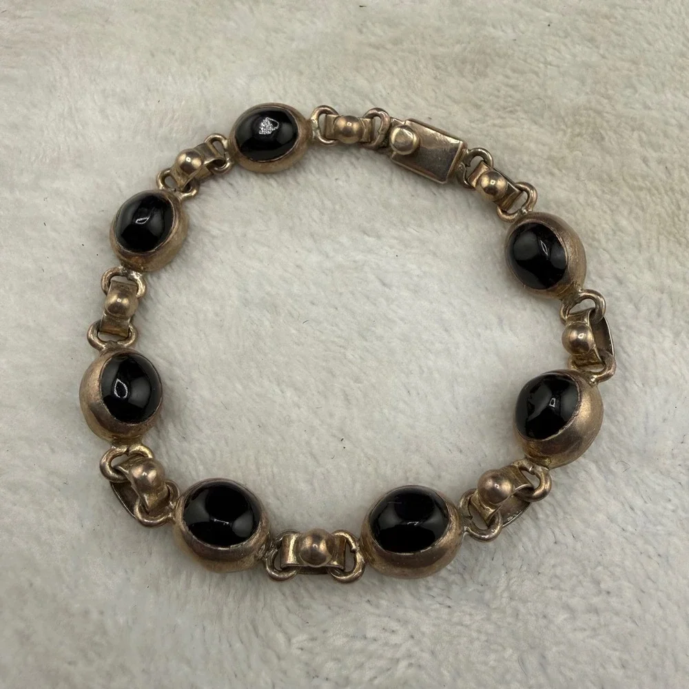 Vintage Taxco Mexico Sterling Silver Bracelet Black Onyx Link 7.5in